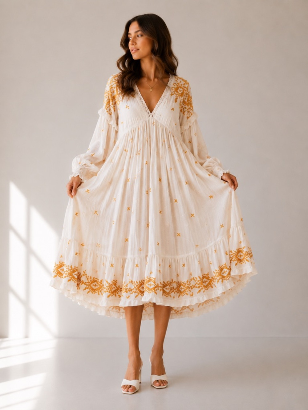 Free People White Embroidered Boho Mini Dress Womens Size S Crochet Trim